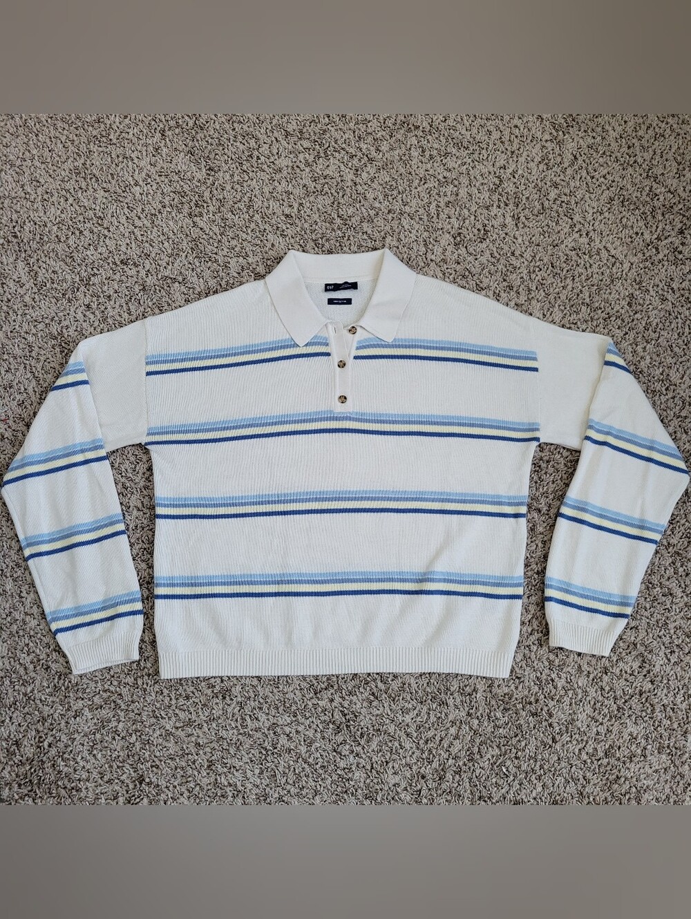 Gap 100% Cotton Relaxed Polo Sweater Ivory Frost Blue Yellow Striped Small